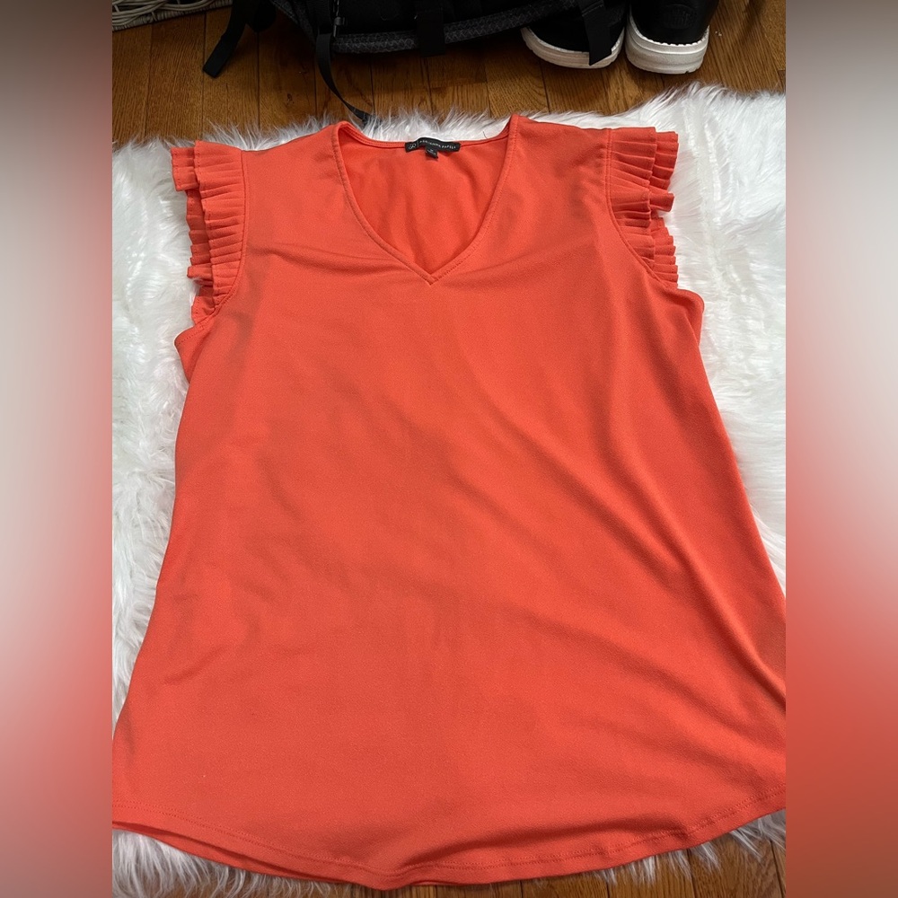 Adrianna Papell Coral Orange Sleeveless Ruffle V-Neck Blouse